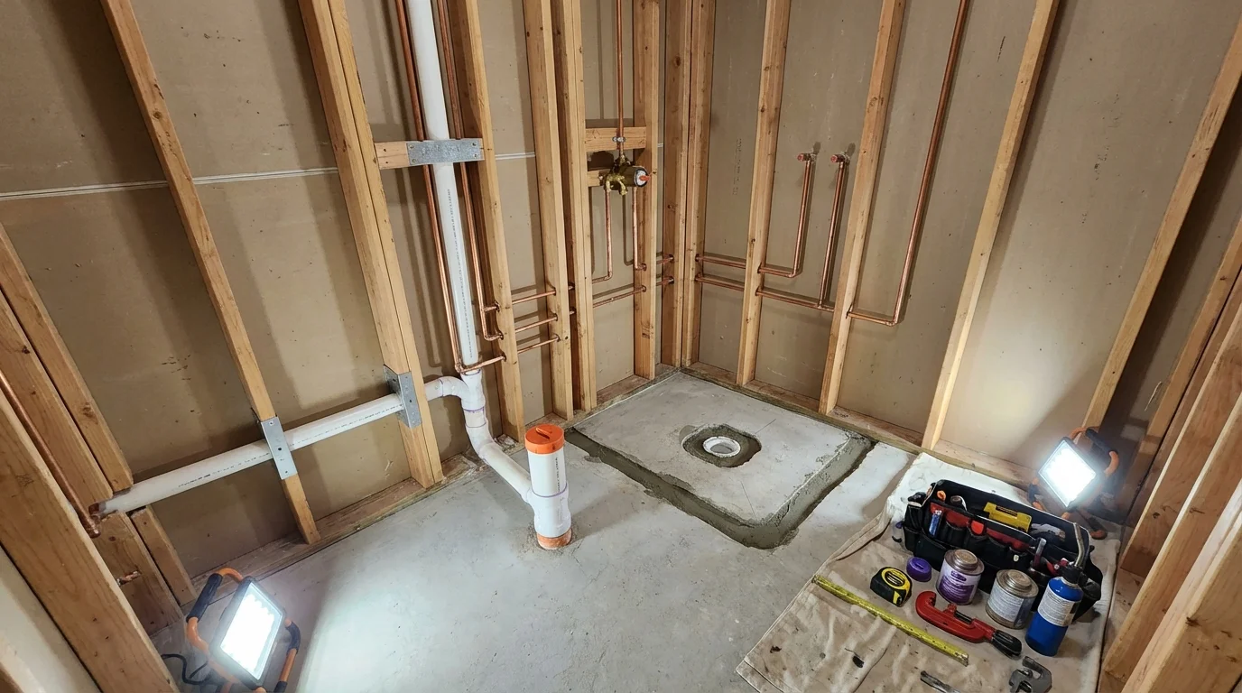 Bathroom rough-in plumbing during remodel by Johns Plumbing LLC in Kohler