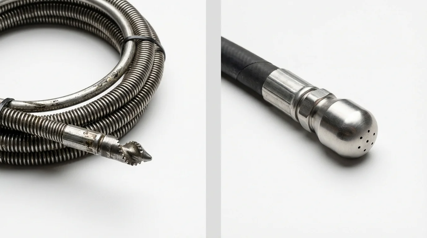 Drain snake cable and hydro jetting nozzle used for drain cleaning in Kohler, WI