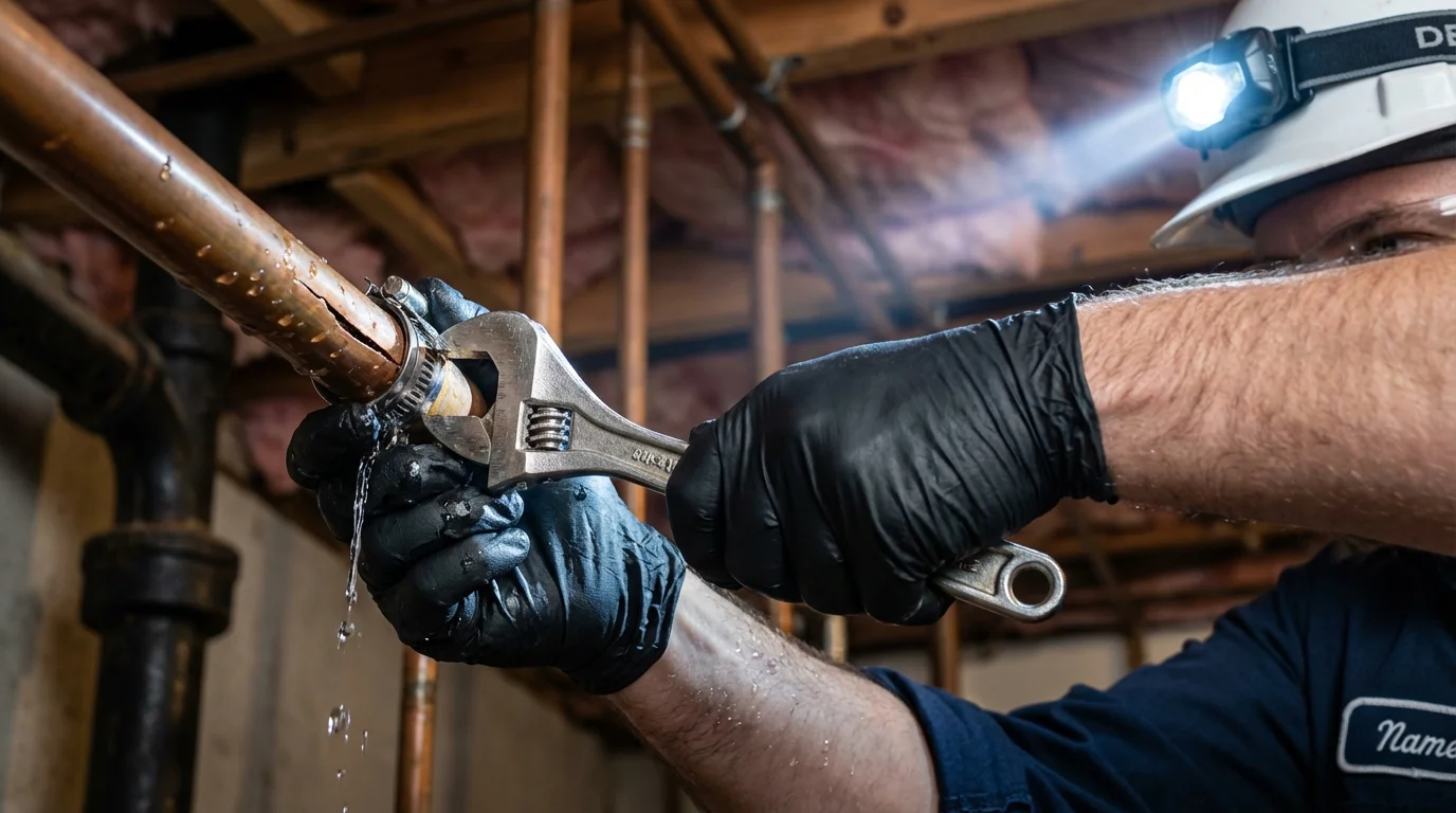 Emergency pipe clamp repair being performed by a Johns Plumbing LLC plumber in Kohler