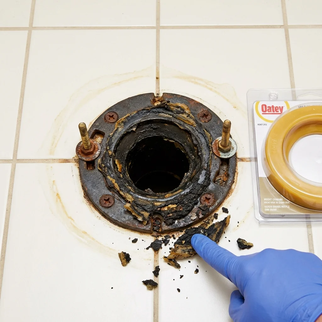 Failed wax ring showing water seepage at the base of a toilet in a Kohler, WI home