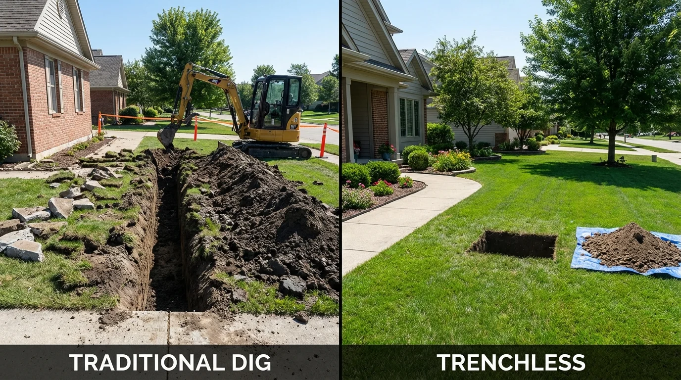 Trenchless sewer repair with minimal yard damage versus traditional excavation in Kohler, WI