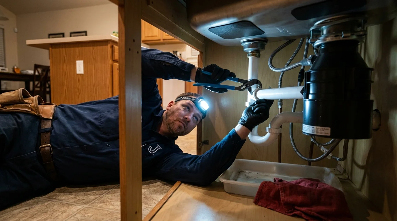 P-trap and supply line connections under a kitchen sink showing a common leak point in Kohler, WI